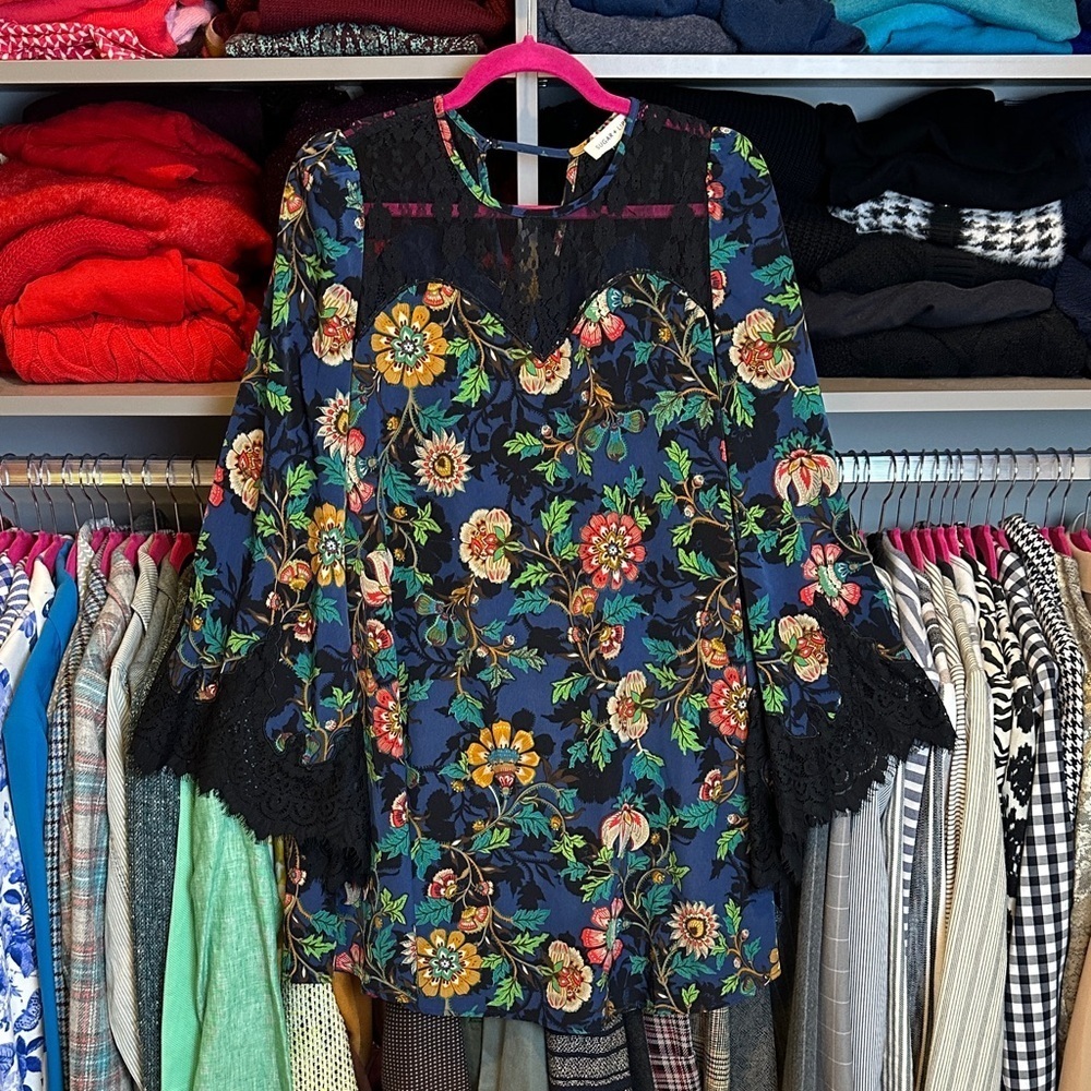 Sugarlips blue/red floral long sleeve lace accents back button dress size S - Picture 1 of 3